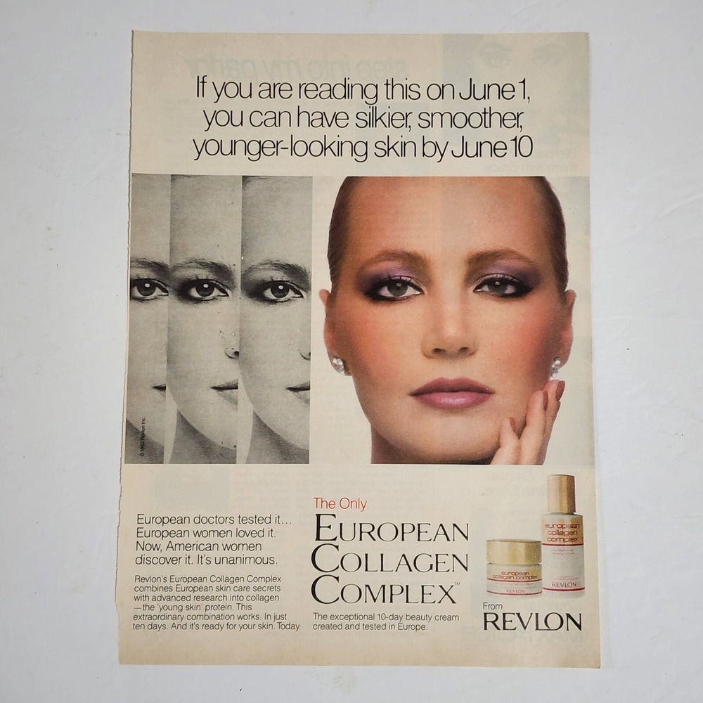 Vintage 1983 Revlon European Collagen Complex Print Ad Magazine Clipping 8x10.5